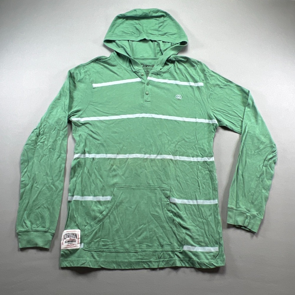 O'Quinn Hoodie Mens Large Green White Striped Cotton Kangaroo Pocket Henley Neck